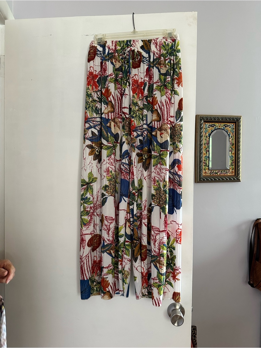 White Floral Pleated Maxi Pants with Multicolor Botanical Print